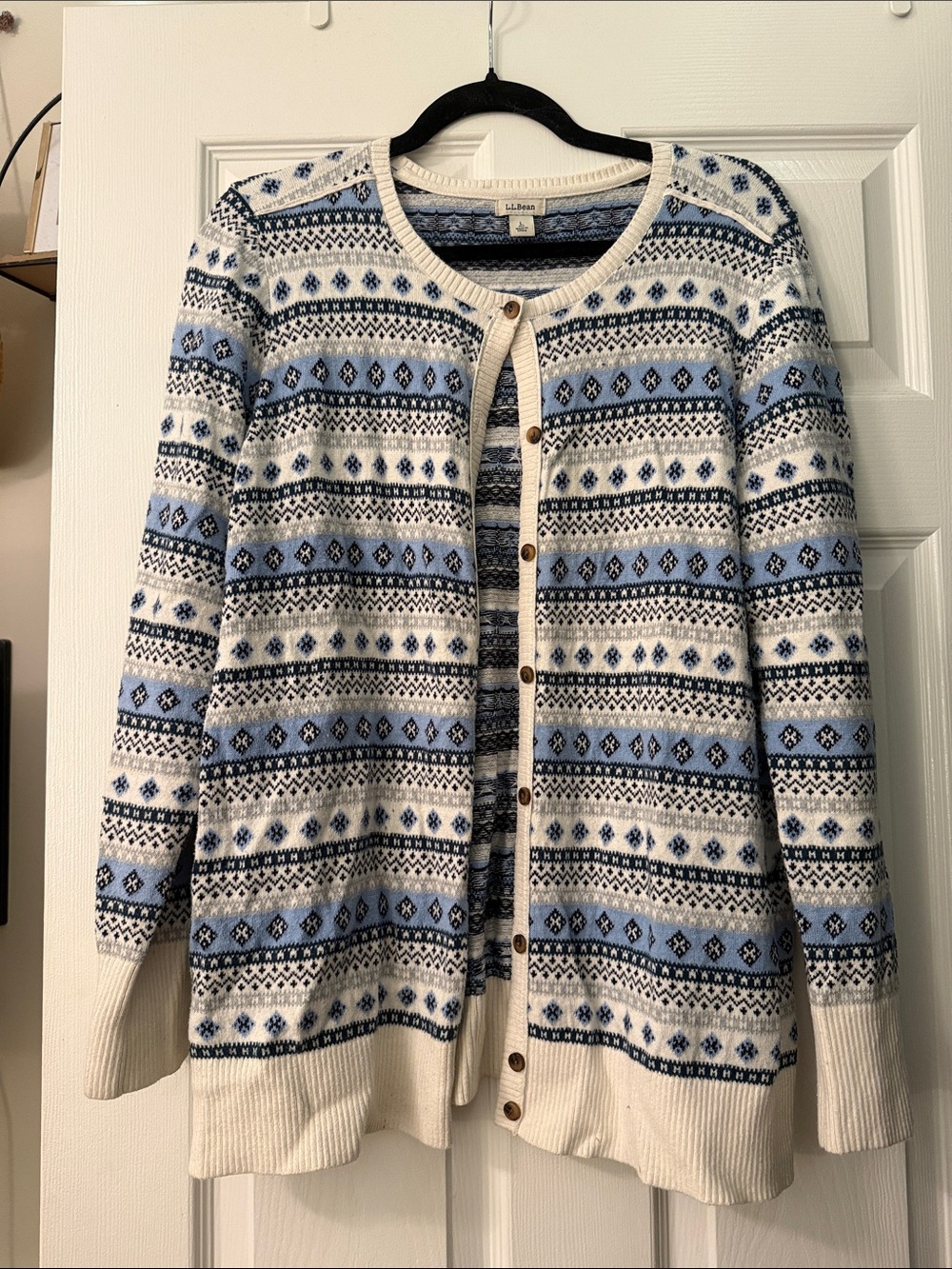 L.L. Bean Women's Cream, Light Blue and Navy Fair Isle Cardigan